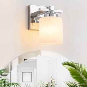 BrkNit 1-Light Chrome Vanity Light with Milky Glass Shade, Modern Wall Sconce